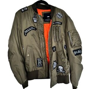 American Stitch Army Green Patchwork Bomber Jacket Rock N Roll Patches Size L
